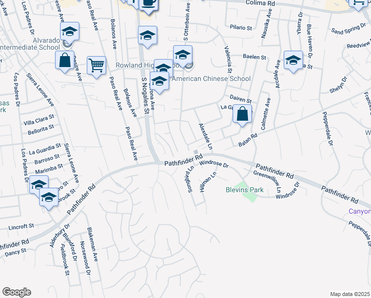 map of restaurants, bars, coffee shops, grocery stores, and more near 2271 South Otterbein Avenue in Rowland Heights