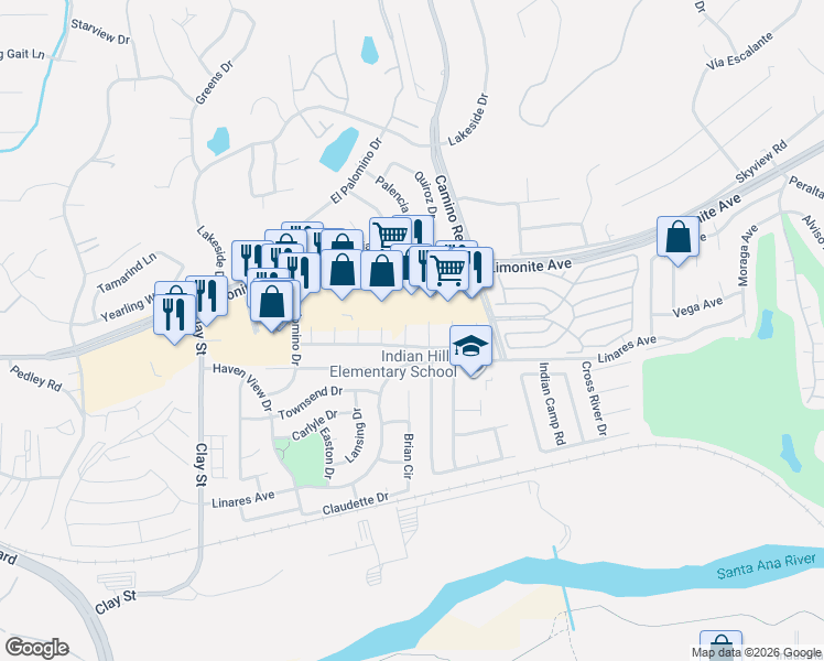 map of restaurants, bars, coffee shops, grocery stores, and more near 6150 Jennifer Lane in Riverside
