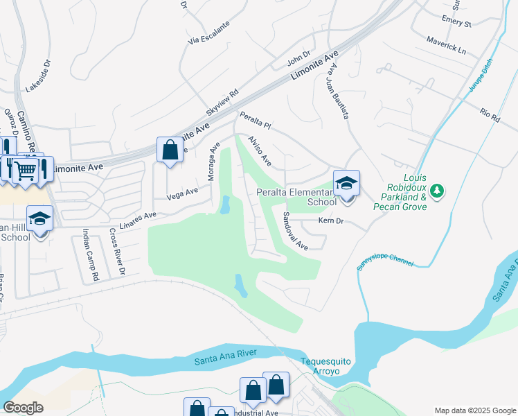 map of restaurants, bars, coffee shops, grocery stores, and more near 6168 Avenue Juan Diaz in Riverside