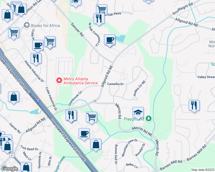 map of restaurants, bars, coffee shops, grocery stores, and more near 103 Camellia Drive in Marietta