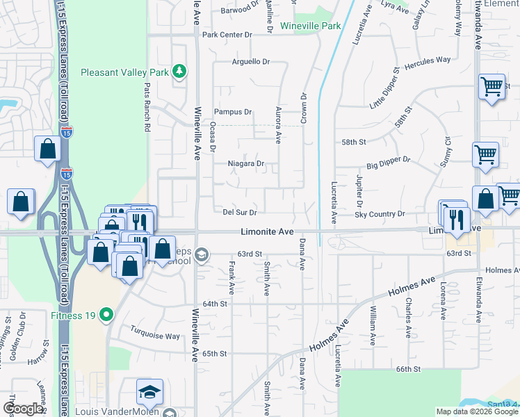 map of restaurants, bars, coffee shops, grocery stores, and more near 11659 Del Sur Drive in Jurupa Valley