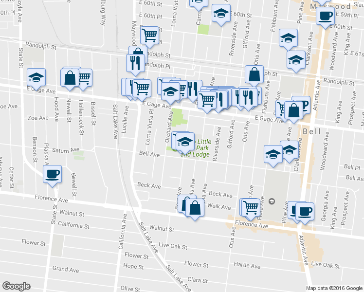 map of restaurants, bars, coffee shops, grocery stores, and more near 6637 Bear Avenue in Bell