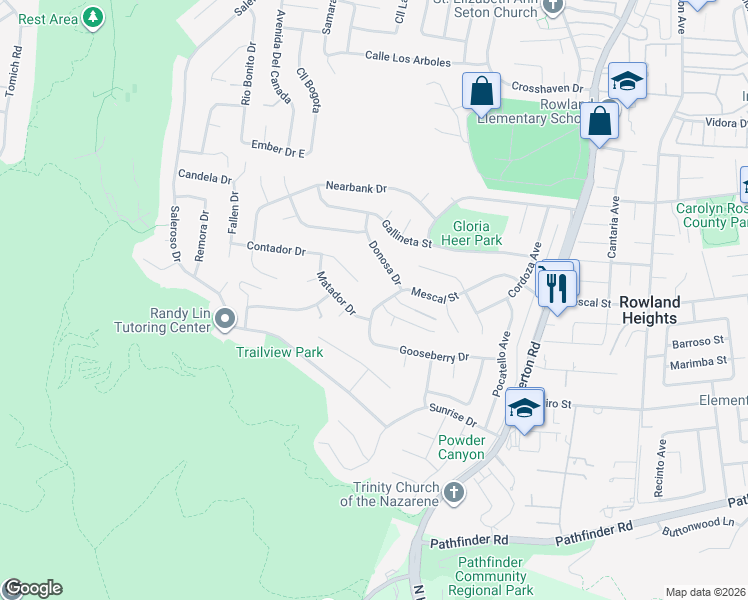 map of restaurants, bars, coffee shops, grocery stores, and more near 2503 Donosa Drive in Rowland Heights