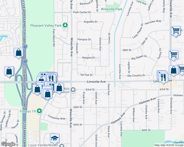 map of restaurants, bars, coffee shops, grocery stores, and more near 11659 Del Sur Drive in Jurupa Valley