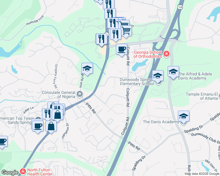 map of restaurants, bars, coffee shops, grocery stores, and more near 520 Granite Ridge Place in Atlanta