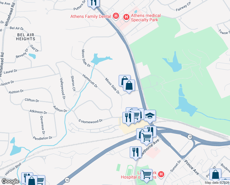 map of restaurants, bars, coffee shops, grocery stores, and more near 278 Moss Side Drive in Athens