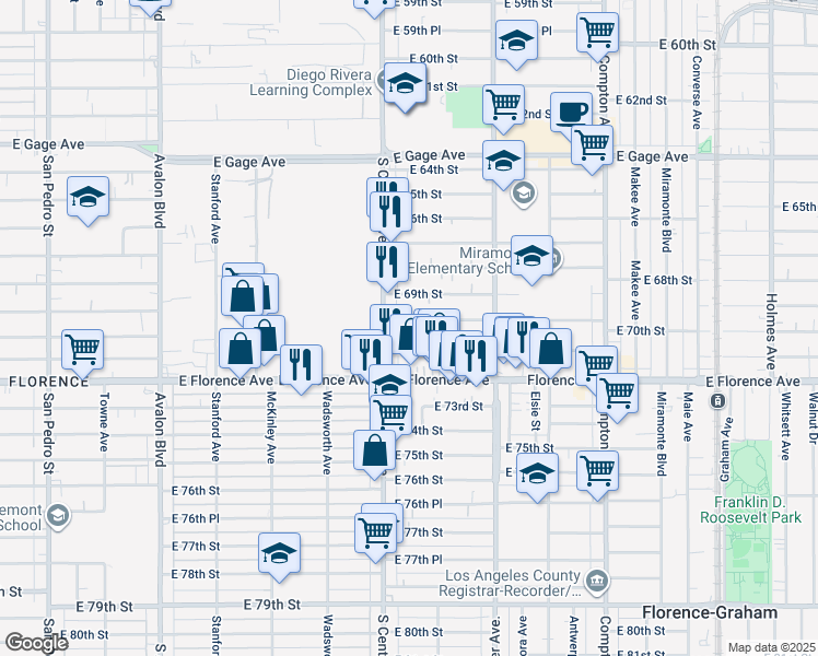 map of restaurants, bars, coffee shops, grocery stores, and more near 1128 East 70th Street in Los Angeles
