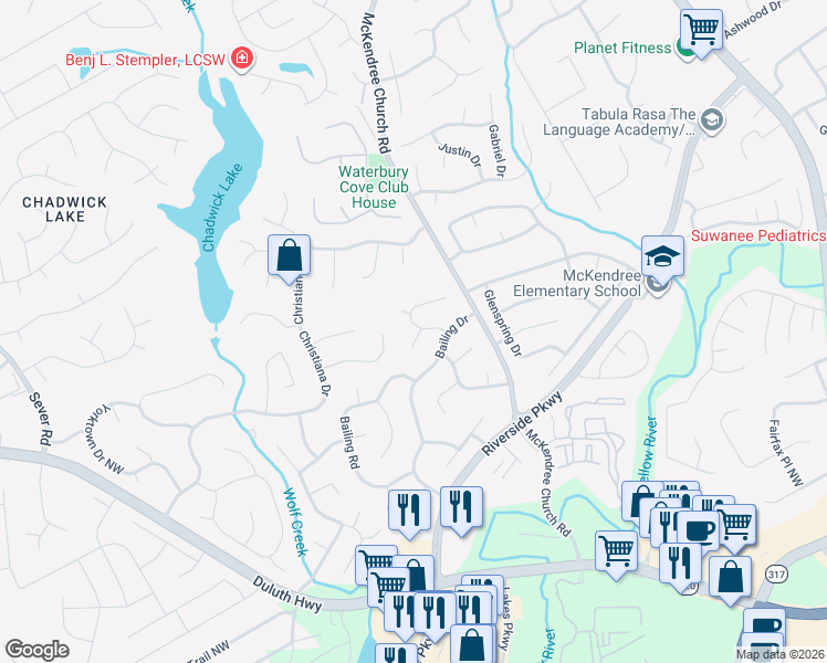 map of restaurants, bars, coffee shops, grocery stores, and more near 1390 Shady Cove Lane in Lawrenceville