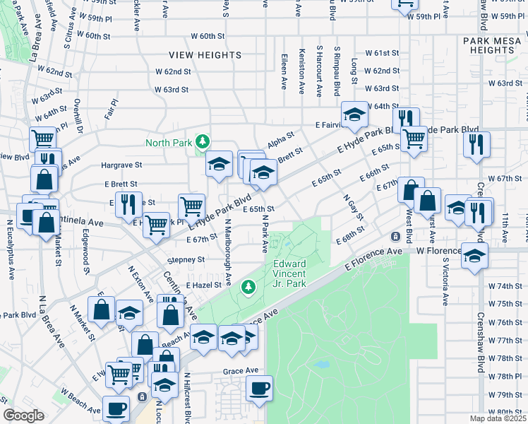 map of restaurants, bars, coffee shops, grocery stores, and more near 915 North Park Avenue in Inglewood