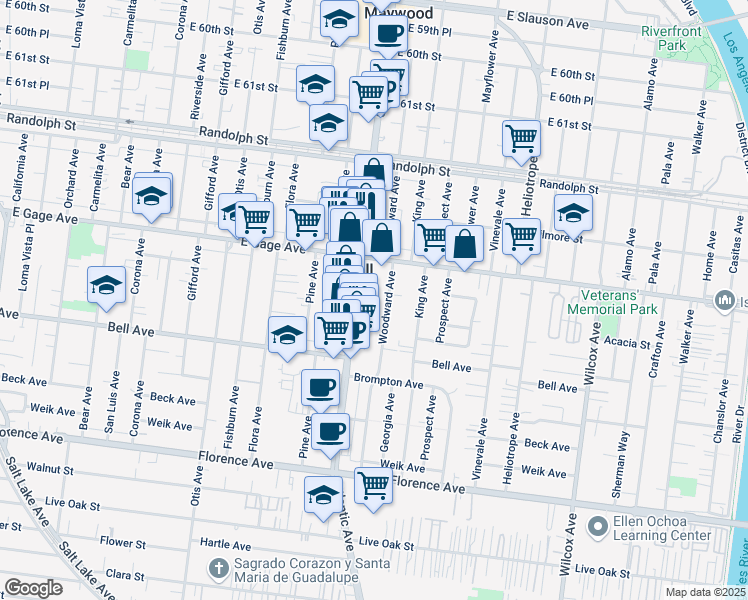 map of restaurants, bars, coffee shops, grocery stores, and more near 6517 Woodward Avenue in Bell