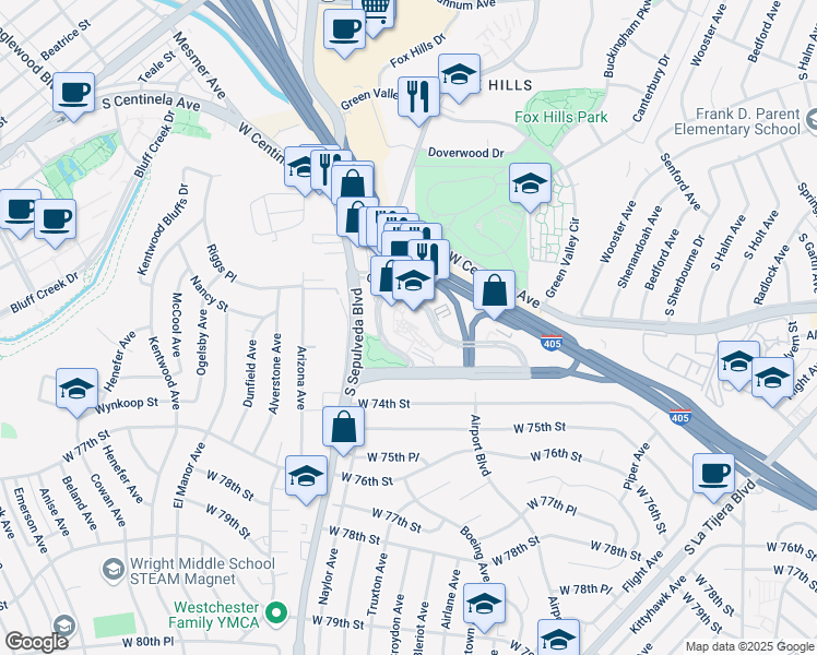 map of restaurants, bars, coffee shops, grocery stores, and more near 6080 Center Drive in Los Angeles