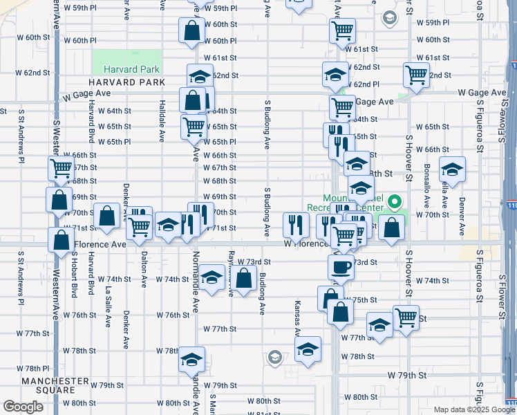 map of restaurants, bars, coffee shops, grocery stores, and more near 1201 West 70th Street in Los Angeles