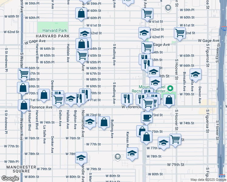 map of restaurants, bars, coffee shops, grocery stores, and more near 1201 W 70th St in Los Angeles