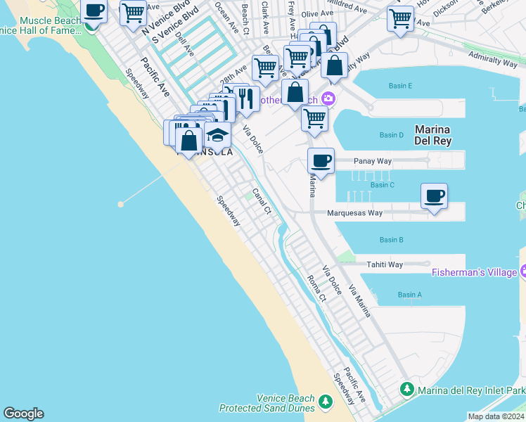 map of restaurants, bars, coffee shops, grocery stores, and more near 123 Galleon Street in Marina del Rey