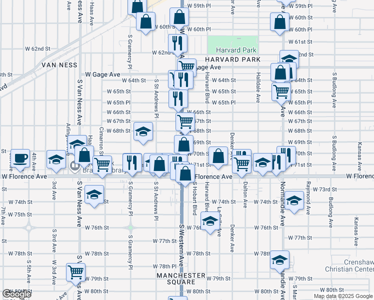 map of restaurants, bars, coffee shops, grocery stores, and more near 1735 West 70th Street in Los Angeles