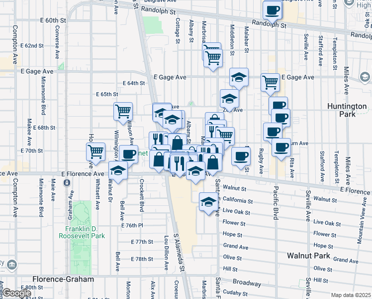 map of restaurants, bars, coffee shops, grocery stores, and more near 6911 Albany Street in Huntington Park