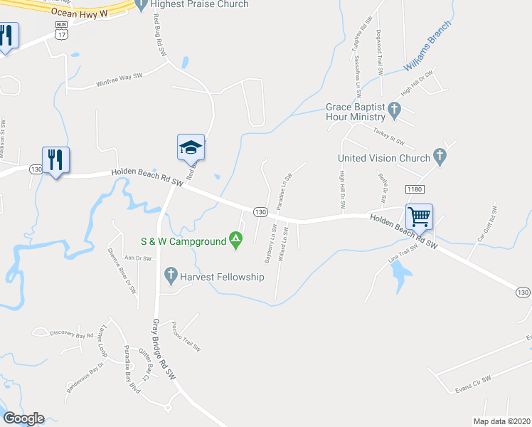 map of restaurants, bars, coffee shops, grocery stores, and more near 348 Blue Dogwood Trail Southwest in Shallotte