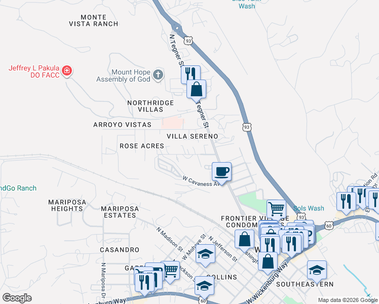 map of restaurants, bars, coffee shops, grocery stores, and more near 294 Palm Drive in Wickenburg