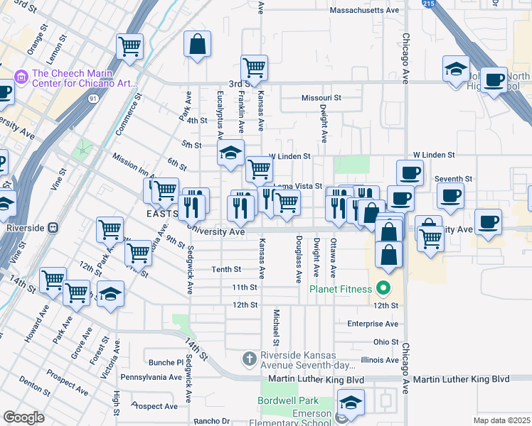 map of restaurants, bars, coffee shops, grocery stores, and more near 2096 Seventh Street in Riverside