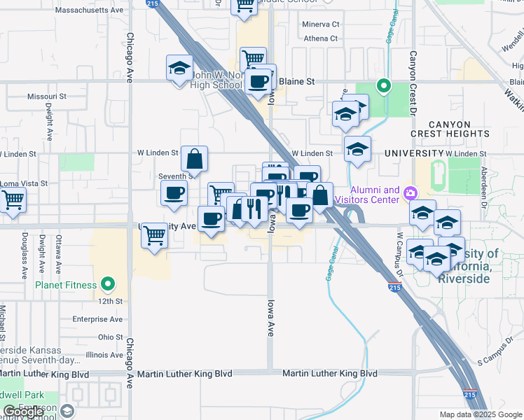 map of restaurants, bars, coffee shops, grocery stores, and more near 3767 Iowa Avenue in Riverside