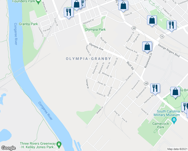 map of restaurants, bars, coffee shops, grocery stores, and more near 646 Kentucky Street in Columbia