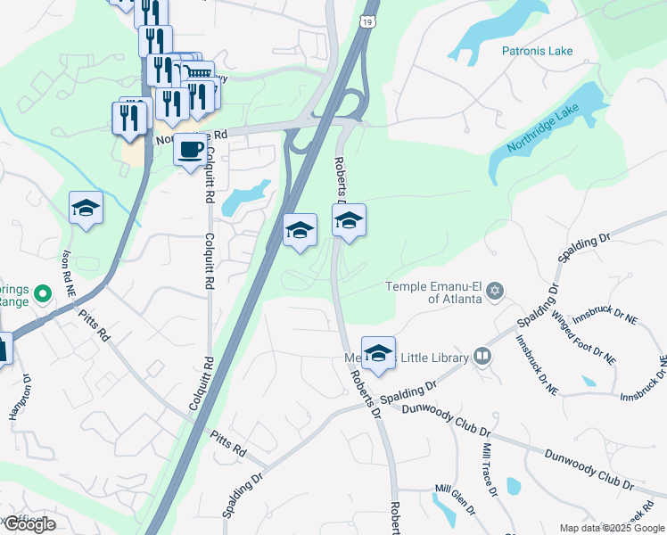 map of restaurants, bars, coffee shops, grocery stores, and more near 8128 Roberts Drive in Sandy Springs