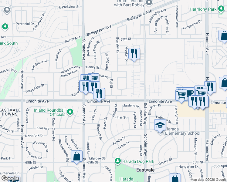 map of restaurants, bars, coffee shops, grocery stores, and more near 6148 Fuji Street in Corona