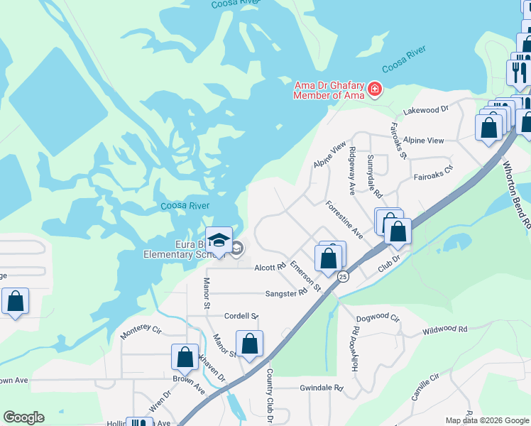 map of restaurants, bars, coffee shops, grocery stores, and more near 313 Alpine View in Gadsden