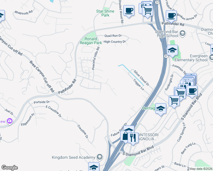 map of restaurants, bars, coffee shops, grocery stores, and more near 20902 Canyon Ridge Road in Walnut