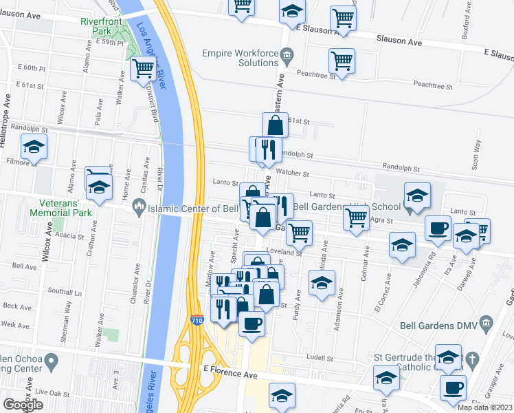 map of restaurants, bars, coffee shops, grocery stores, and more near 6333 Eastern Avenue in Bell Gardens