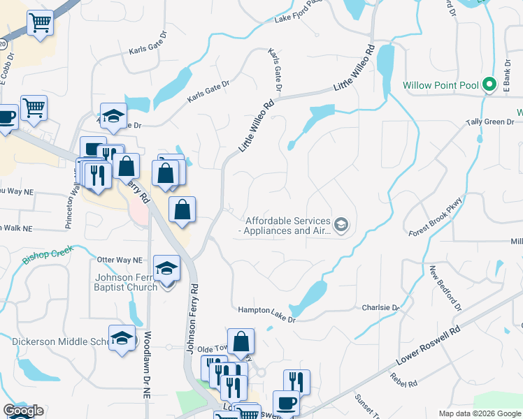 map of restaurants, bars, coffee shops, grocery stores, and more near 1154 Clarendon Drive in Marietta