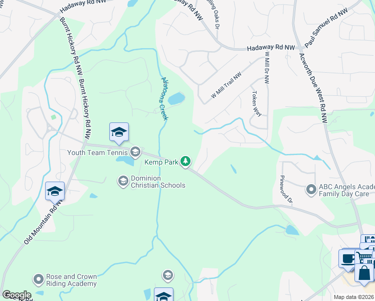 map of restaurants, bars, coffee shops, grocery stores, and more near 4504 Burnt Hickory Road Northwest in Marietta