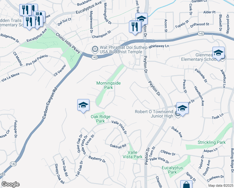 map of restaurants, bars, coffee shops, grocery stores, and more near 3204 Moonlight Court in Chino Hills