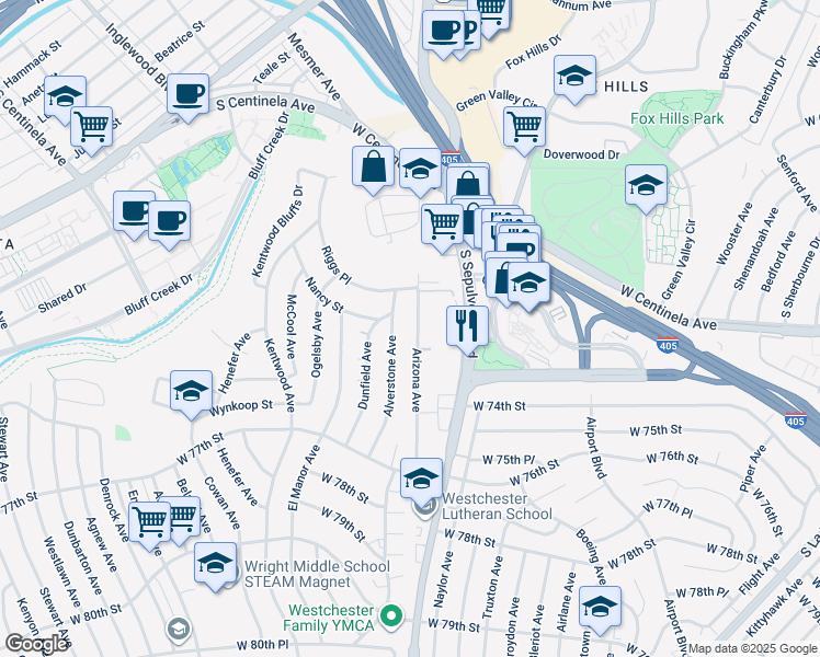 map of restaurants, bars, coffee shops, grocery stores, and more near 7015 Arizona Avenue in Los Angeles