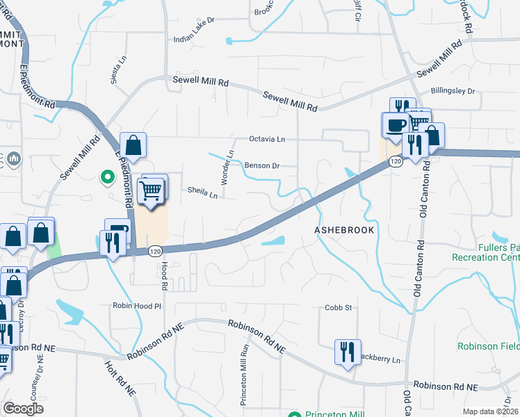 map of restaurants, bars, coffee shops, grocery stores, and more near 913 Sunny Meadows Lane in Marietta