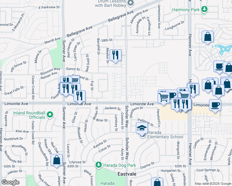 map of restaurants, bars, coffee shops, grocery stores, and more near 6118 Rosewood Way in Corona