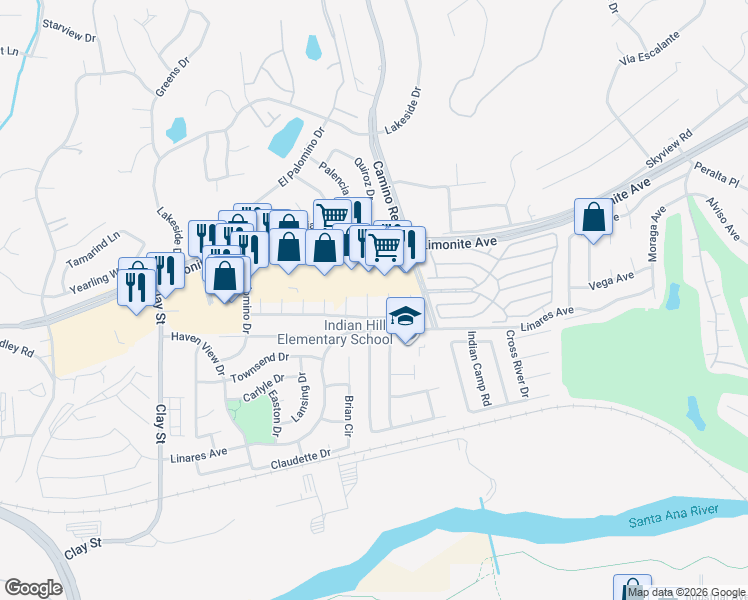 map of restaurants, bars, coffee shops, grocery stores, and more near 6152 Karianne Lane in Riverside