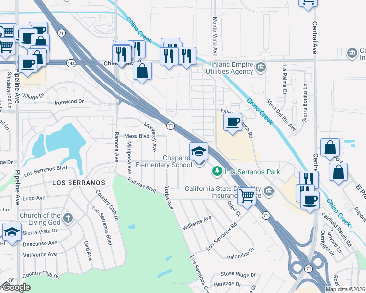 map of restaurants, bars, coffee shops, grocery stores, and more near 15247 Murray Avenue in Chino Hills