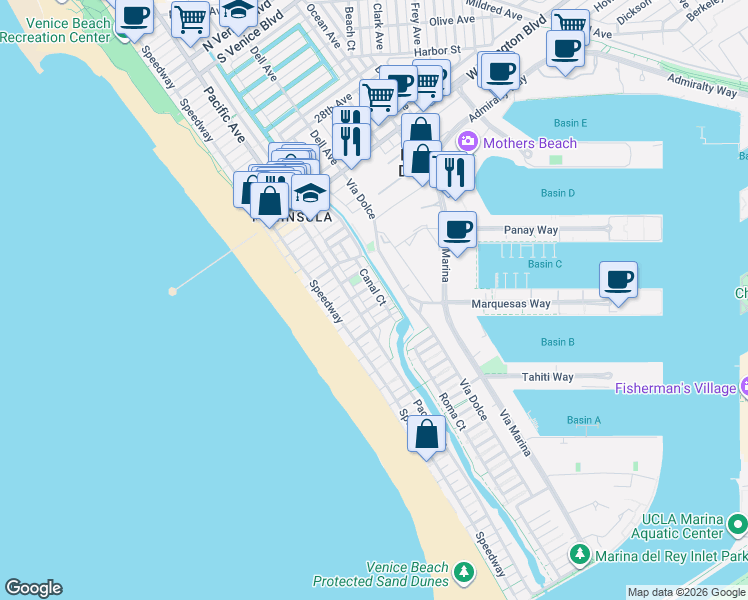 map of restaurants, bars, coffee shops, grocery stores, and more near 123 Galleon Street in Marina del Rey