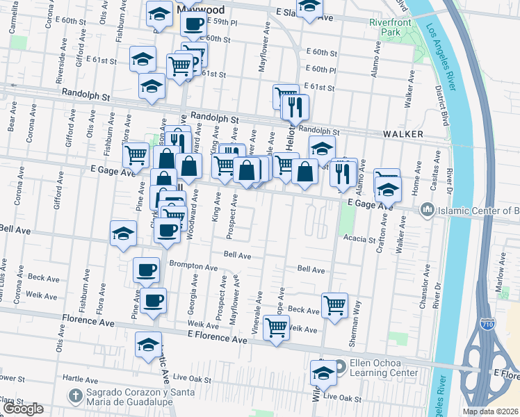 map of restaurants, bars, coffee shops, grocery stores, and more near 6500 Mayflower Avenue in Bell