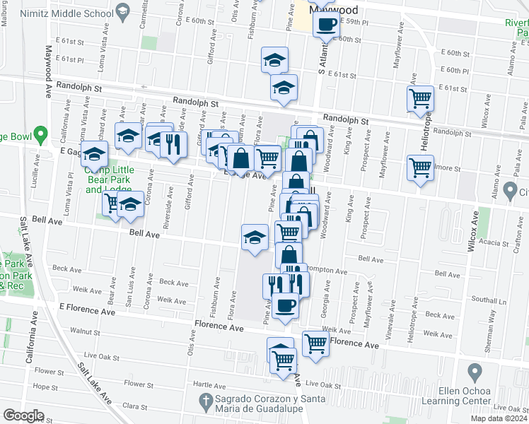 map of restaurants, bars, coffee shops, grocery stores, and more near 6603 Pine Ave in Bell
