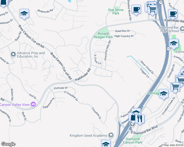 map of restaurants, bars, coffee shops, grocery stores, and more near 20736 Timberline Lane in Diamond Bar