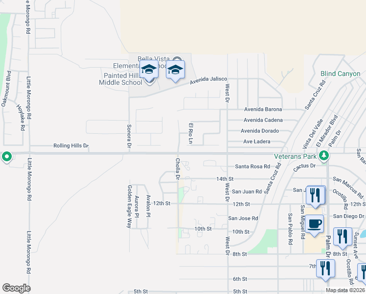 map of restaurants, bars, coffee shops, grocery stores, and more near 65767 Avenue Ladera in Desert Hot Springs