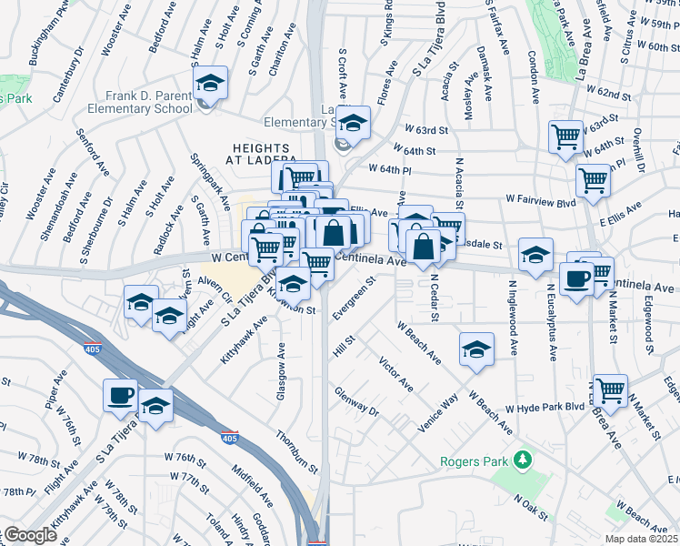 map of restaurants, bars, coffee shops, grocery stores, and more near 525 Short Street in Inglewood