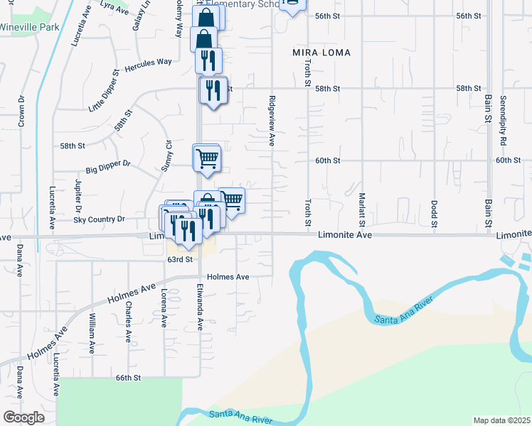 map of restaurants, bars, coffee shops, grocery stores, and more near 6109 Ridgeview Avenue in Jurupa Valley