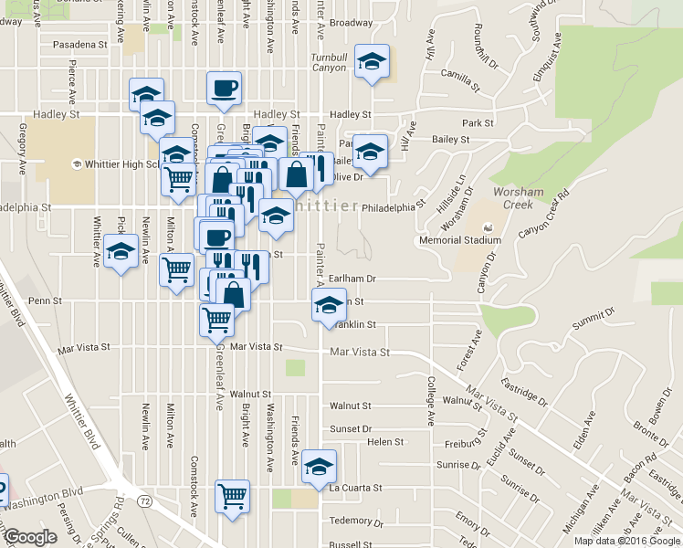 map of restaurants, bars, coffee shops, grocery stores, and more near 13501 Earlham Drive in Whittier