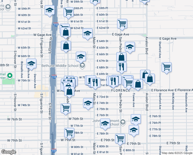 map of restaurants, bars, coffee shops, grocery stores, and more near 6912 South Main Street in Los Angeles