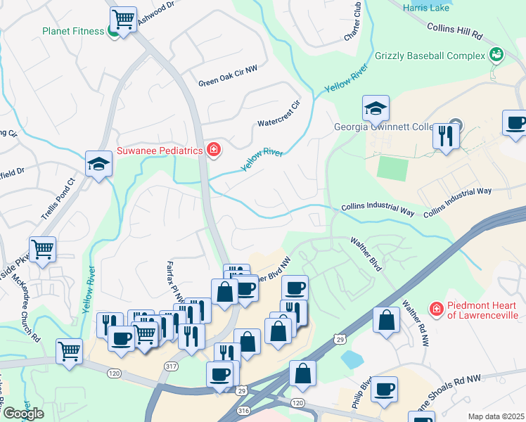 map of restaurants, bars, coffee shops, grocery stores, and more near 554 Rivulett Court in Lawrenceville