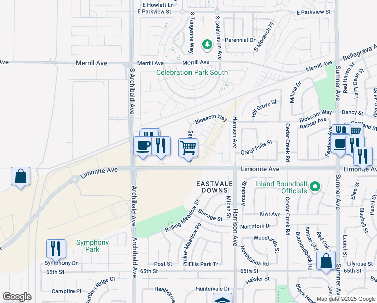 map of restaurants, bars, coffee shops, grocery stores, and more near 6069 Sendero Avenue in Eastvale