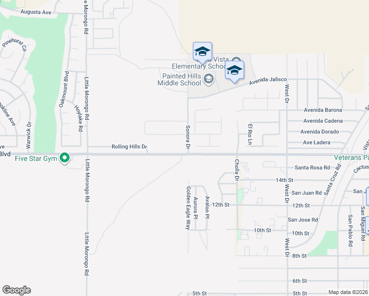 map of restaurants, bars, coffee shops, grocery stores, and more near 65501 Avenue Ladera in Desert Hot Springs